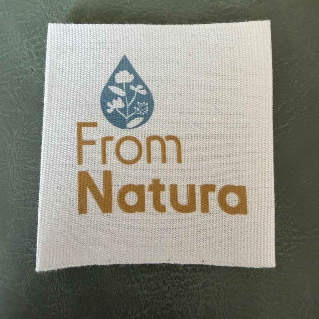 Printed canvas label LBL 0075 5.5 x 5.5 cm – white base with color print, soft premium design, with logo, MOQ 1000 pcs